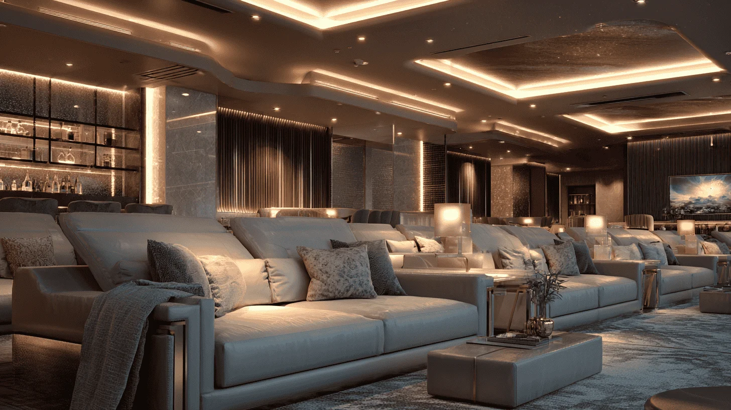 Luxurious casino room with poker tables and chandeliers